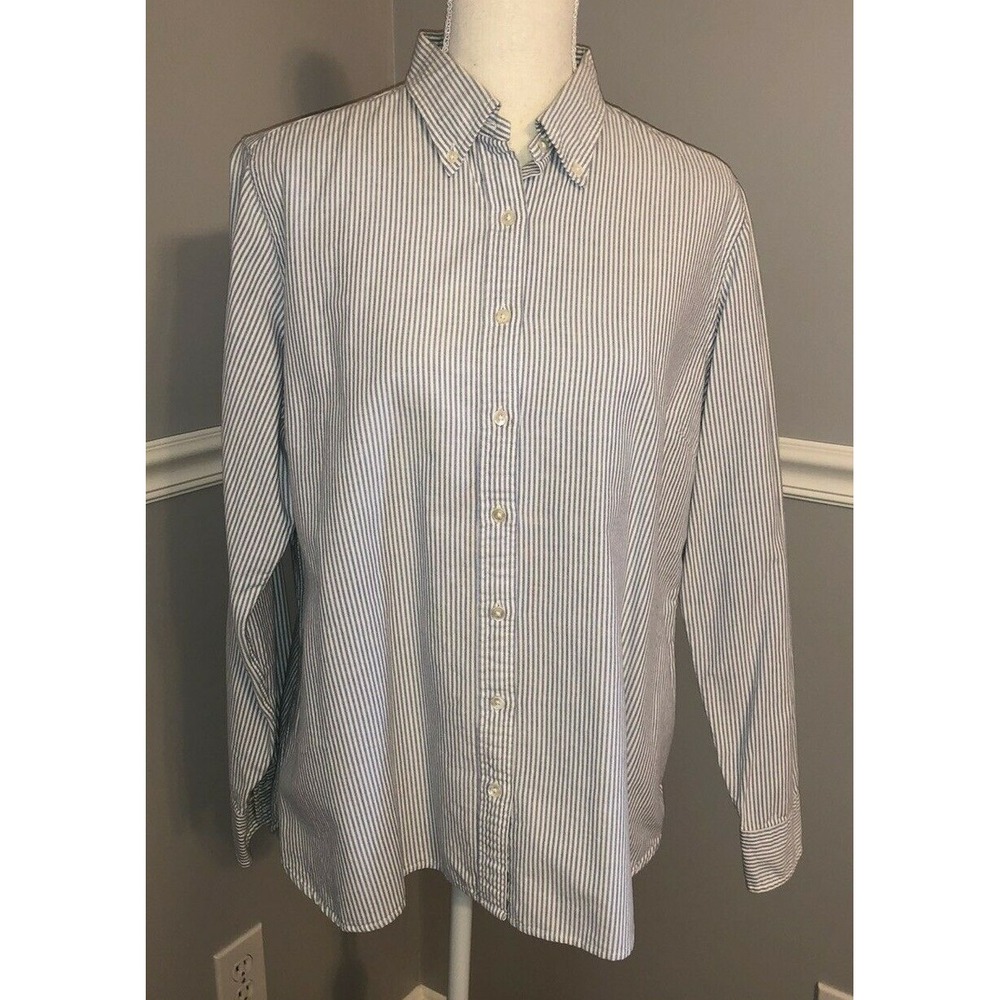 Lands End Top Women's Size 14 Striped Blue long sleeve button collar